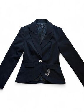 Guess Tailored Black Pinstriped Women's Blazer with Chain Accent